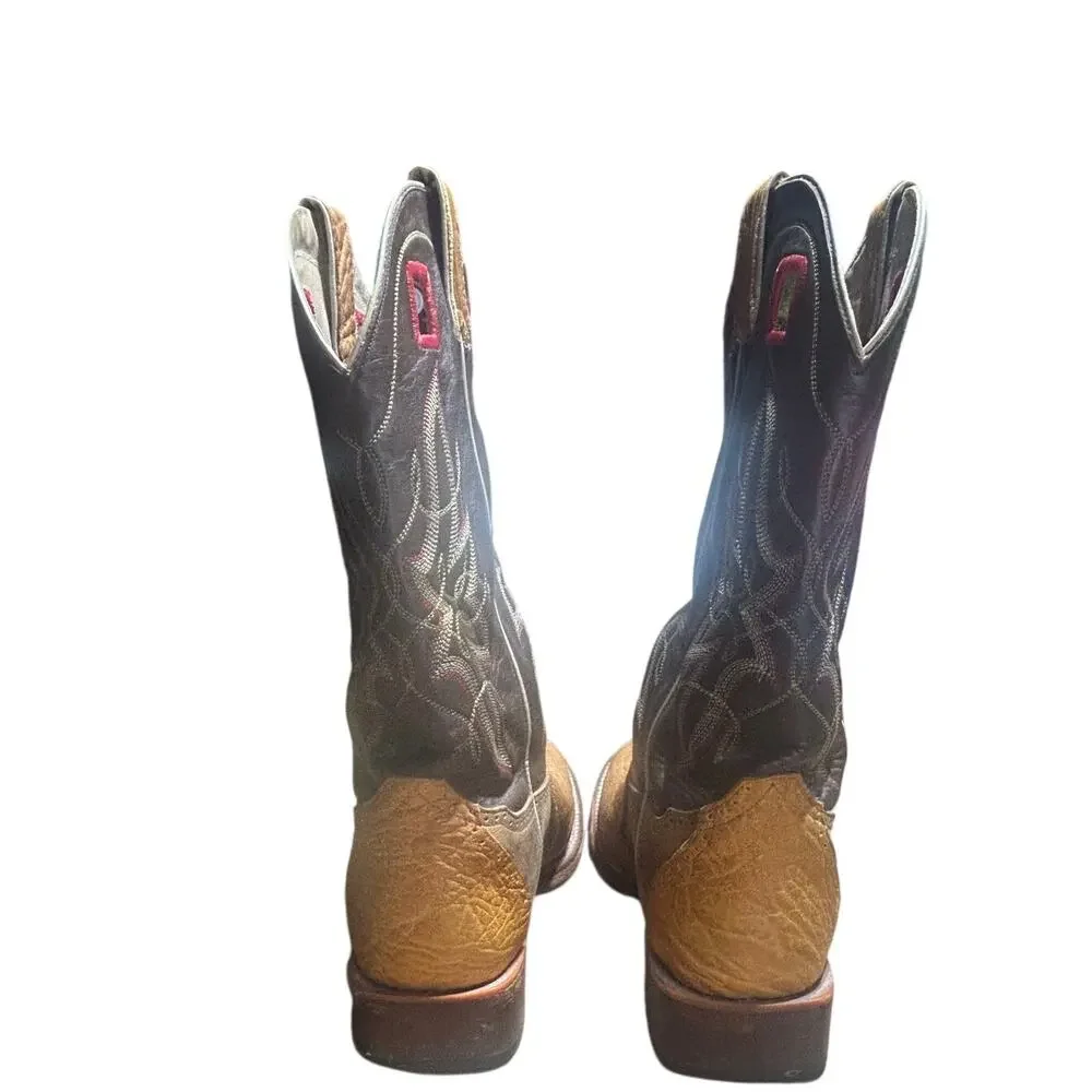 Double H two tone square toe western boots tan leather vamp dark brown shaft 13D